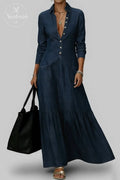 Women's Casual Shirt Collar Long Sleeve Pocket Single Breasted Denim Maxi Dress
