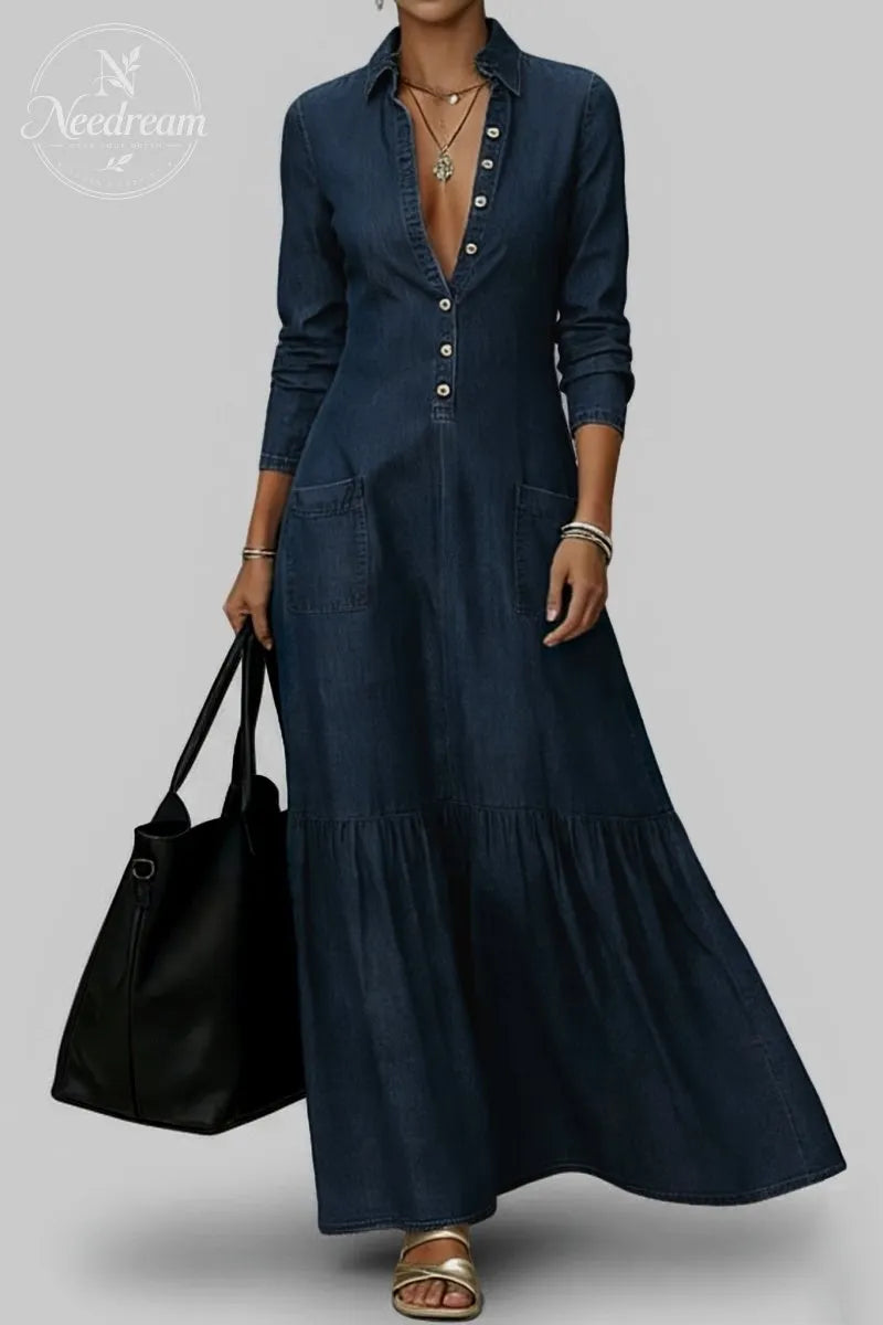 Women's Casual Shirt Collar Long Sleeve Pocket Single Breasted Denim Maxi Dress