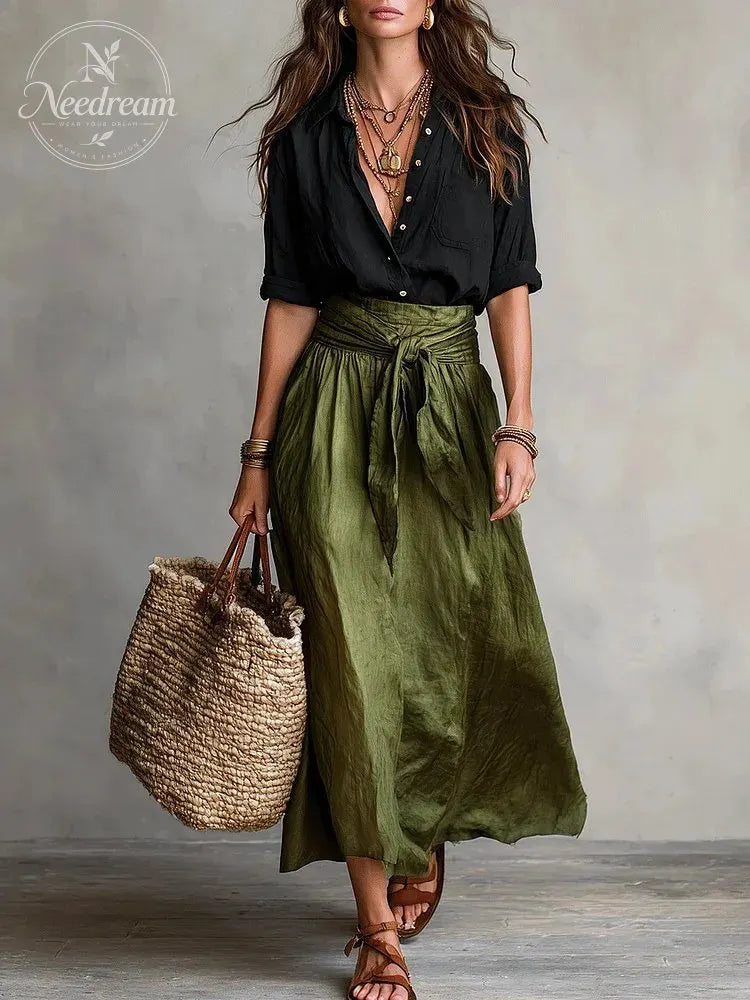 Effortless Boho Black Blouse & Olive Satin Midi Skirt Set