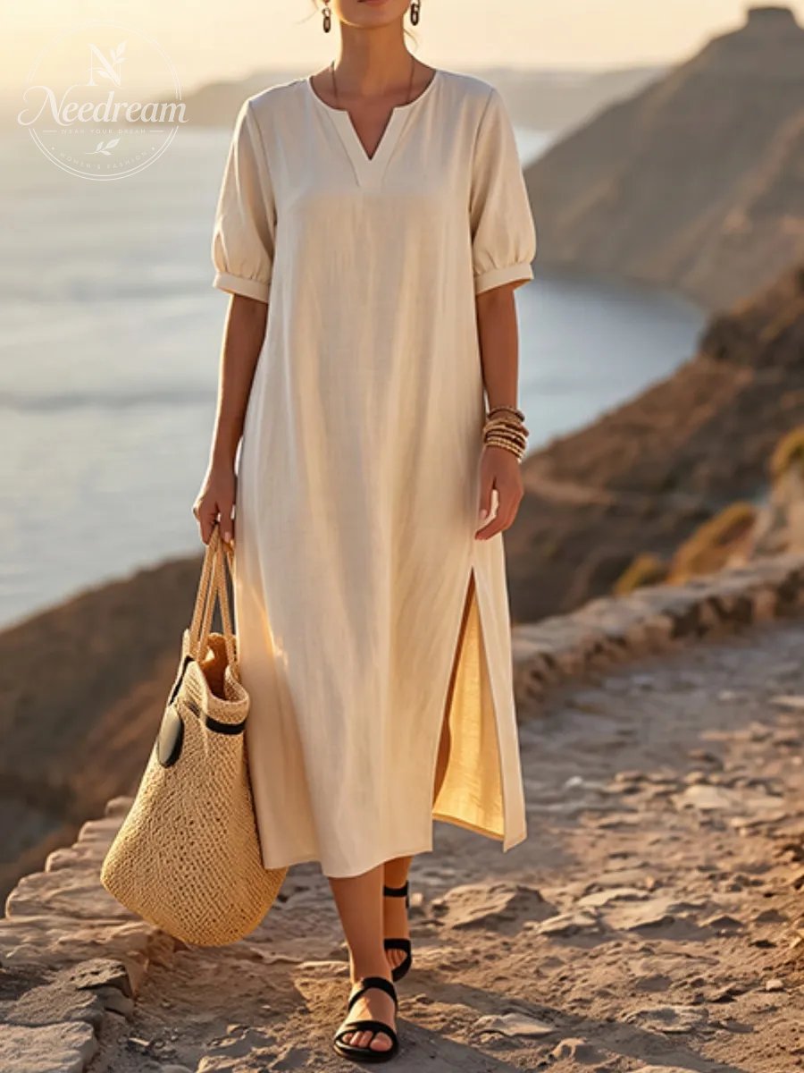 Women's Loose Fit V-Neck Dress with Side Slit