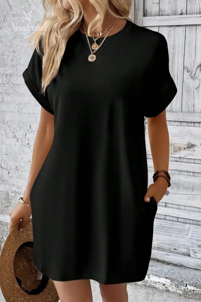Casual Minimalist Round Neck Roll Up Sleeve Dress