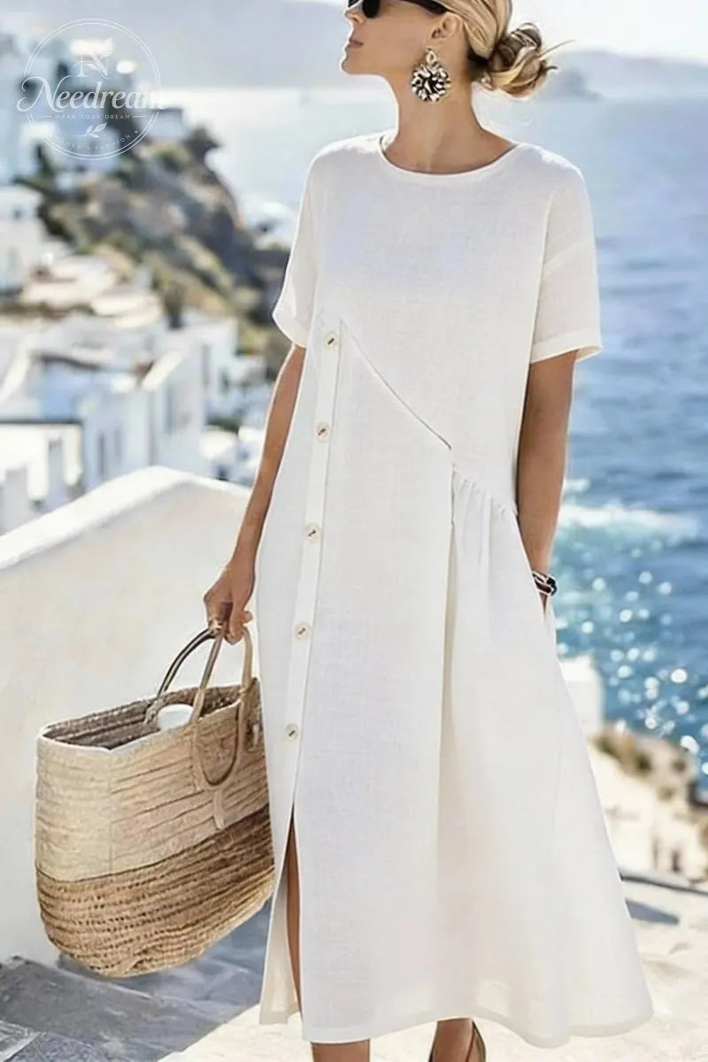 Button-decorated Pleated Pocket Midi Dress