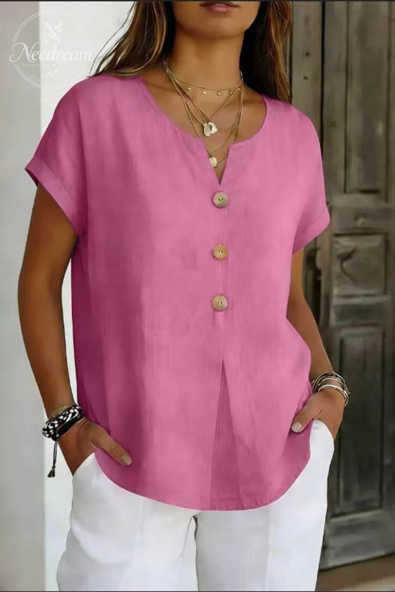Decor Button Short Sleeve Blouse