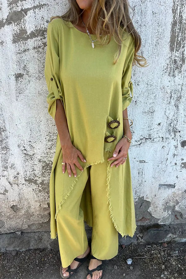 Women's Linen Blend Ring Detail Midi Blouse and Elastic Waist Pocketed Loose Pants Set