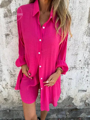 Women'S Casual Solid Color Cotton And Linen Shorts Long Sleeve Wrinkled Shirt Two Piece Set