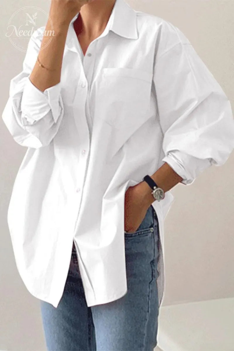 Women's Plain Button Front Drop Shoulder Shirt Blouse