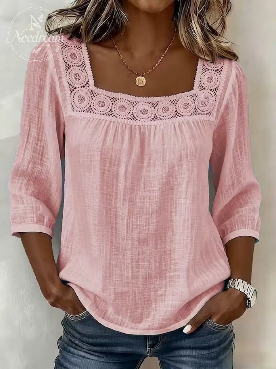 Lace Patchwork Blouse With A Square Neckline