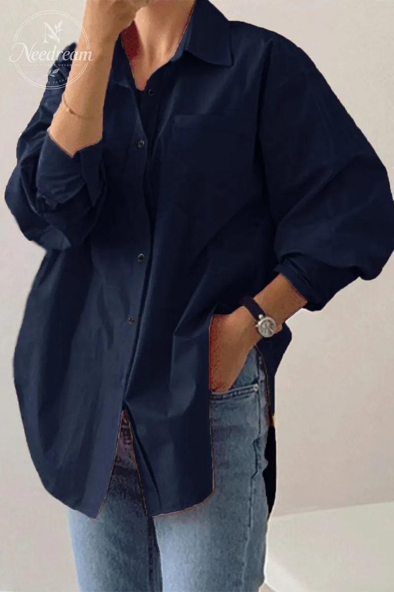 Women's Plain Button Front Drop Shoulder Shirt Blouse