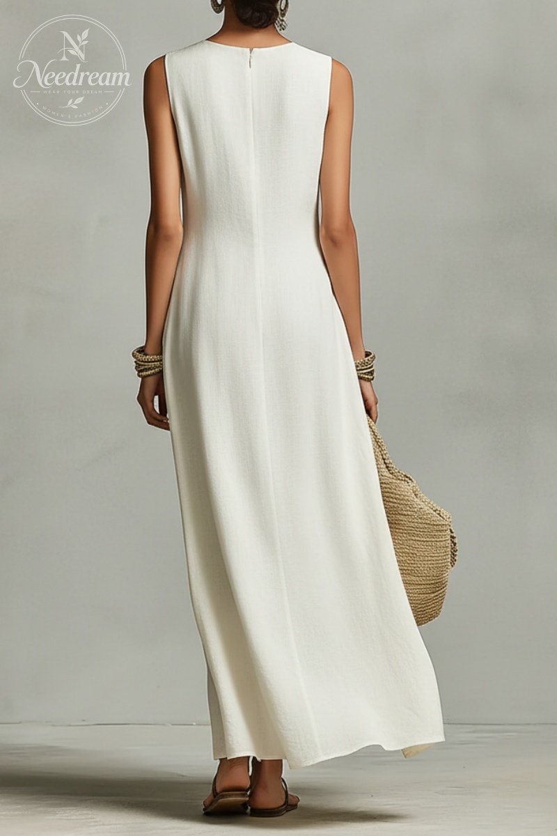 Women's Ivory Breathable Linen Dress With Sleeveless Detail & Asymmetric Hem, Contemporary Casual-Feminine Style Dress
