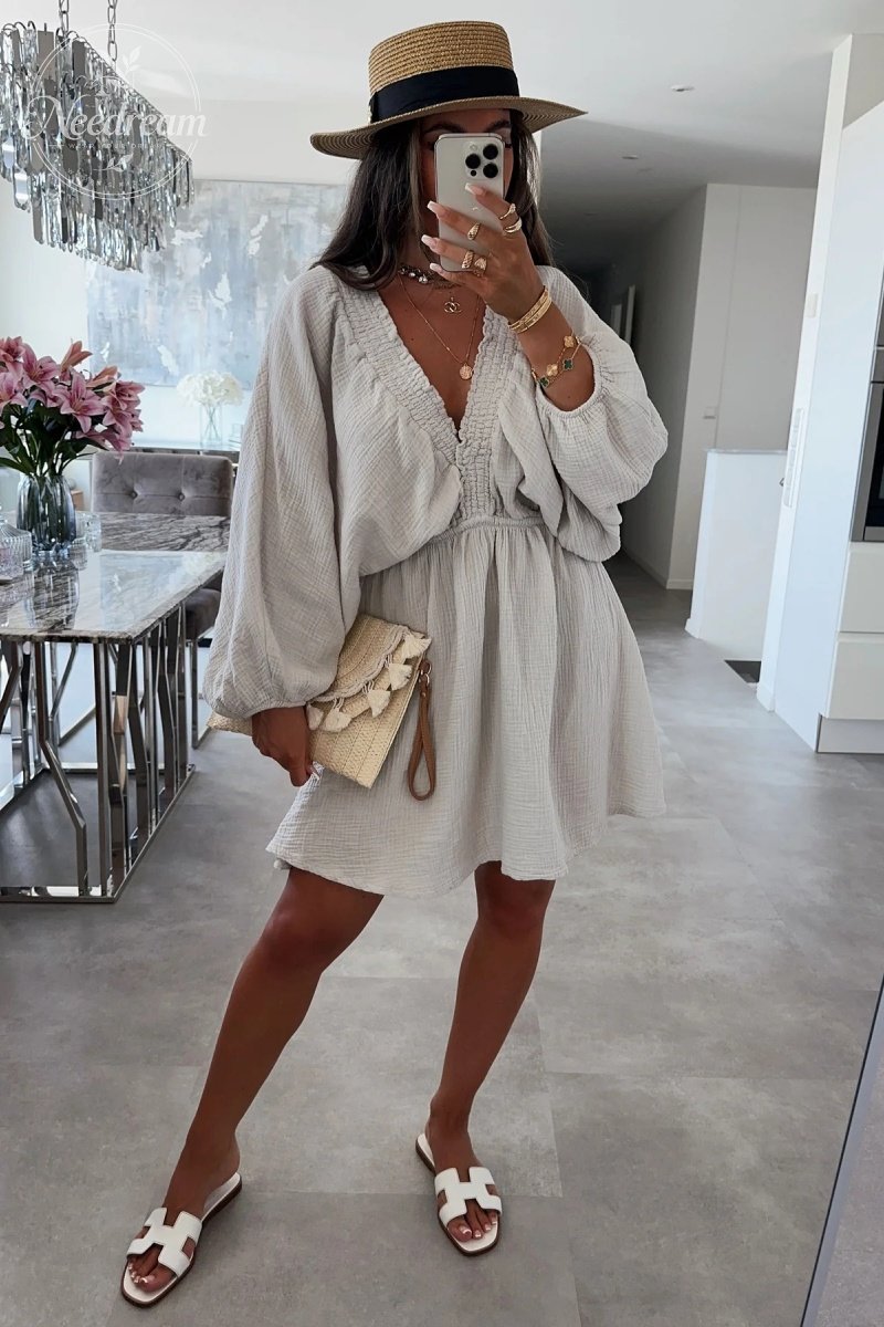 Cheesecloth Ruched Detail V-Neck Dress