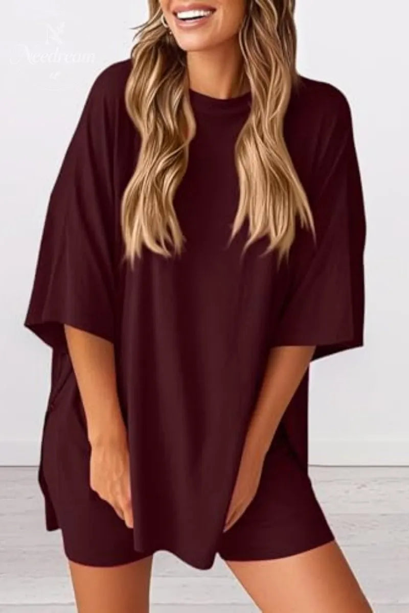 Women 2 Piece Outfits Crew Neck Oversized Tshirts and Biker Shorts with Pocket Matching Lounge Sets
