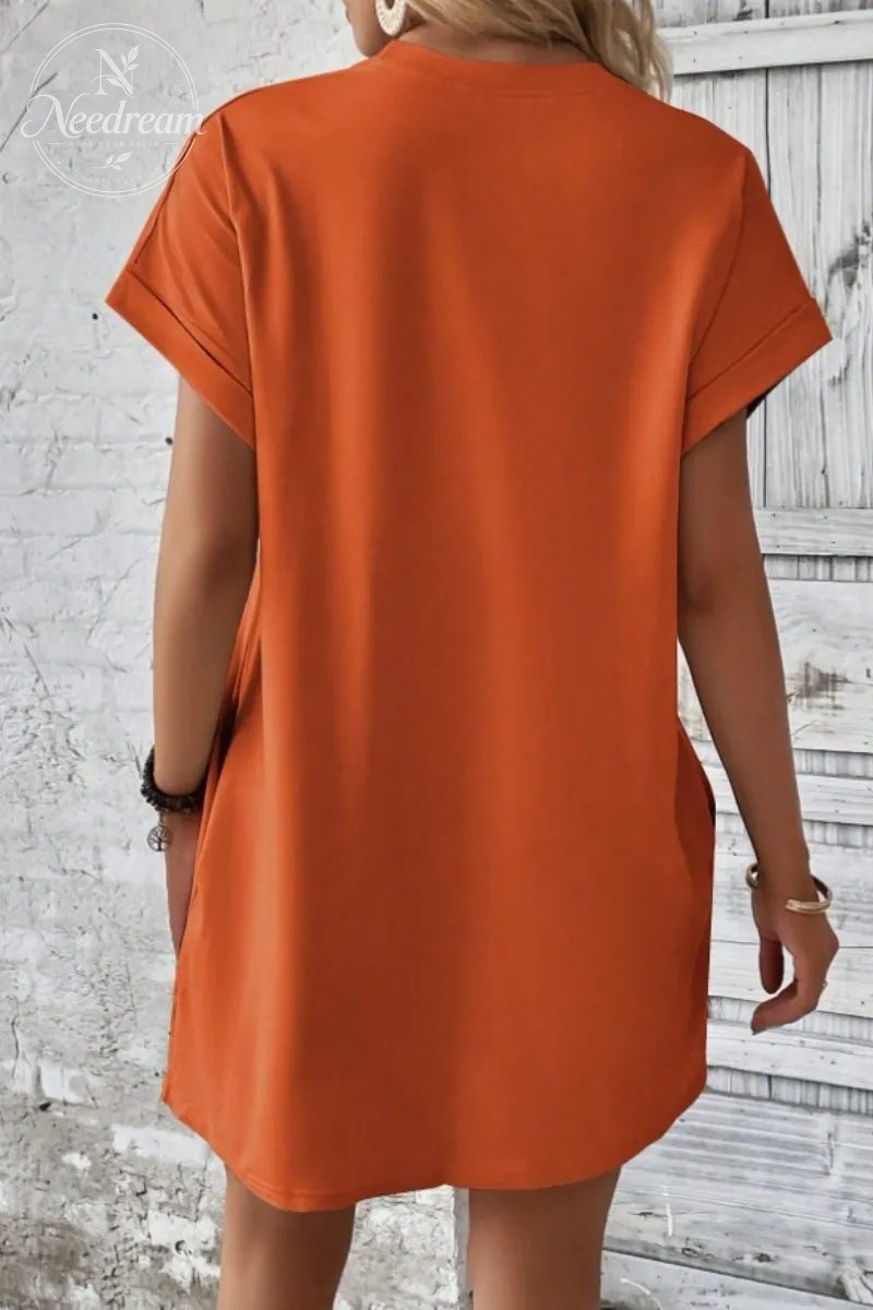 Casual Minimalist Round Neck Roll Up Sleeve Dress