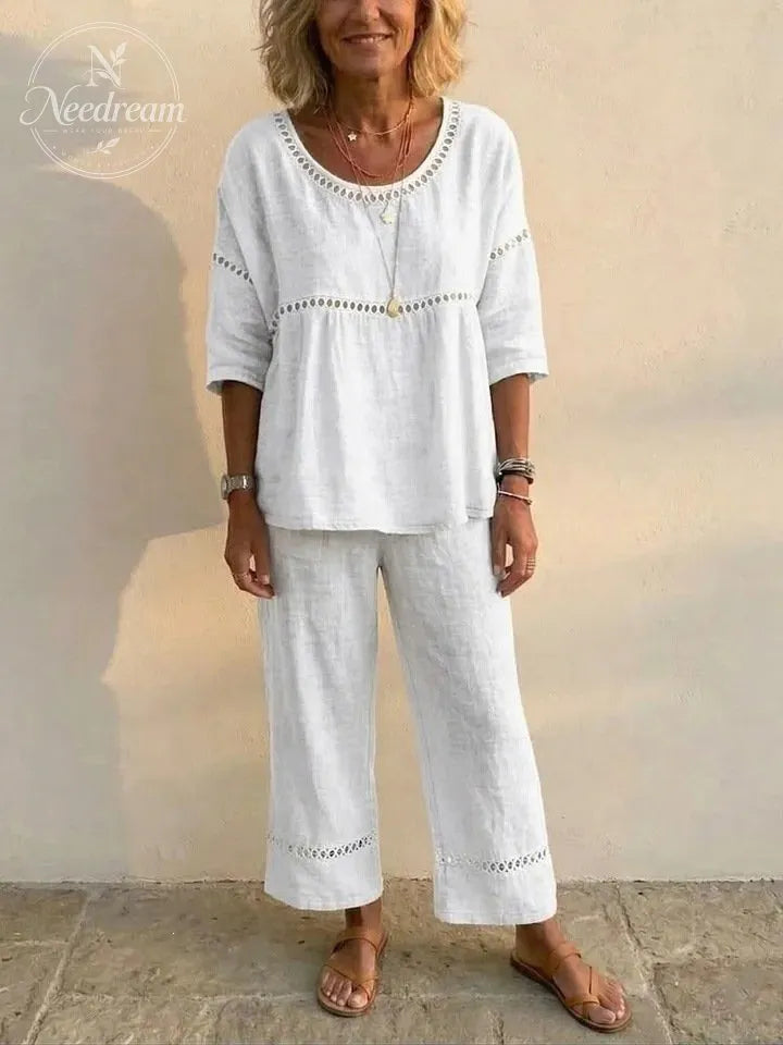 🔥 Women's Vintage Eyelet Casual Loose-Fit Linen Linen Two-Piece Set