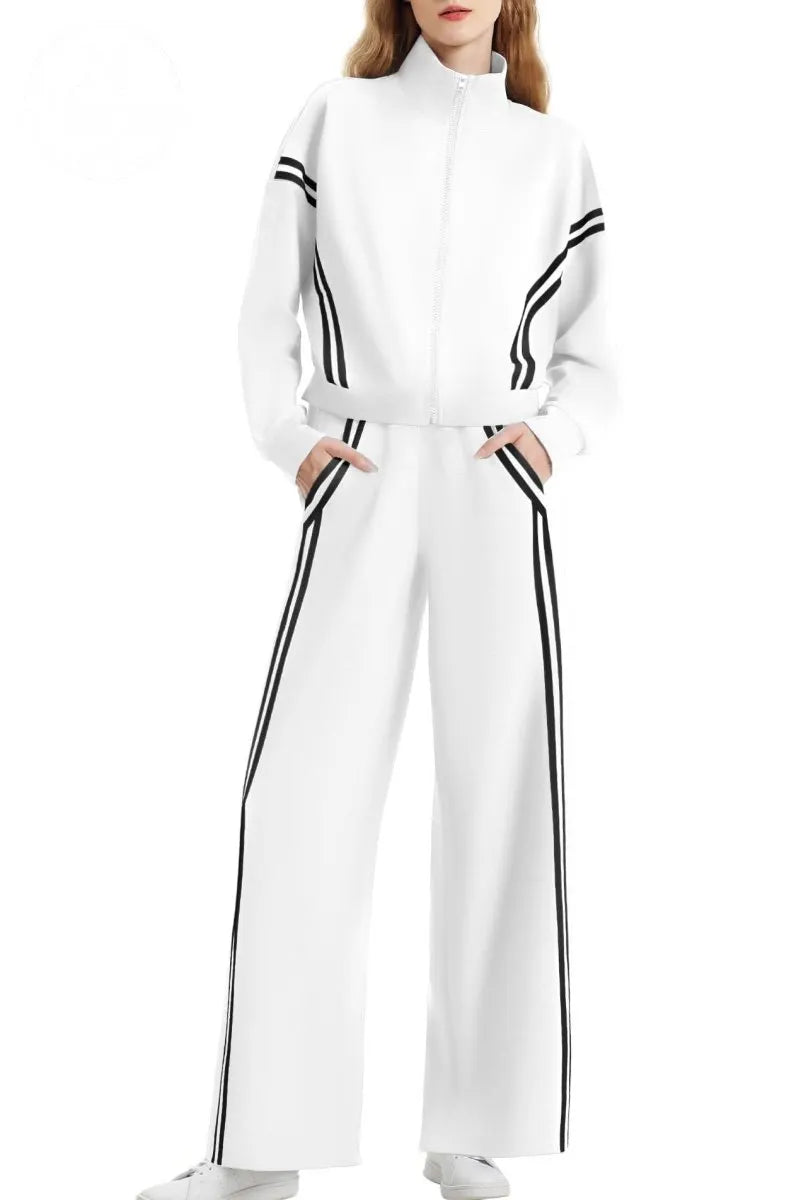 Zippered Tracksuit With Color-blocked Striped Wide-leg Pants