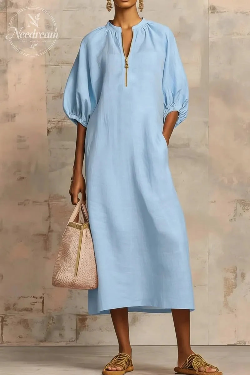 Stylish Zippered Loose Linen-cotton Midi Dress