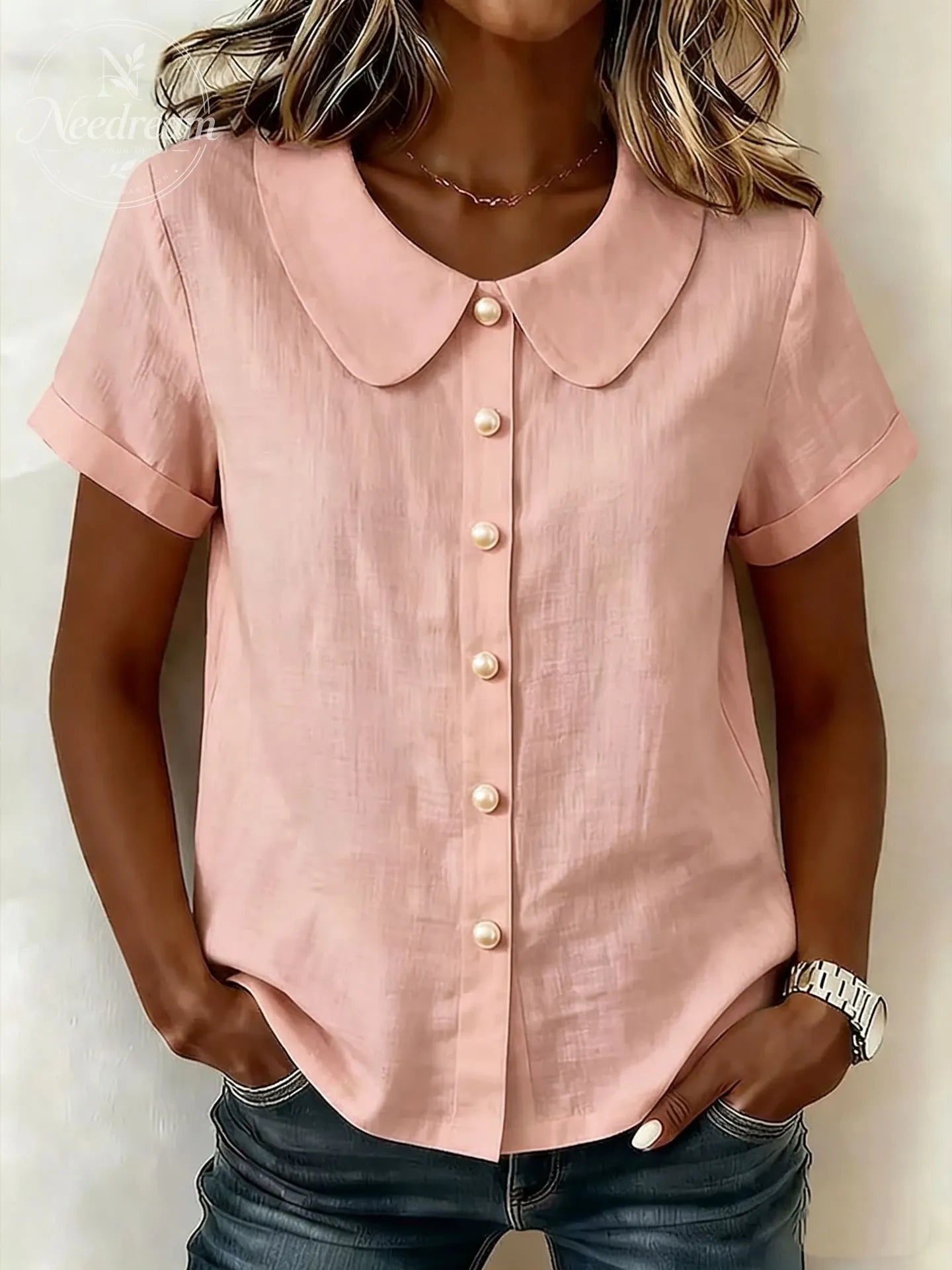 Women's Solid-Color Short-Sleeve Casual Loose Cotton-Linen Shirt with Peter Pan Collar