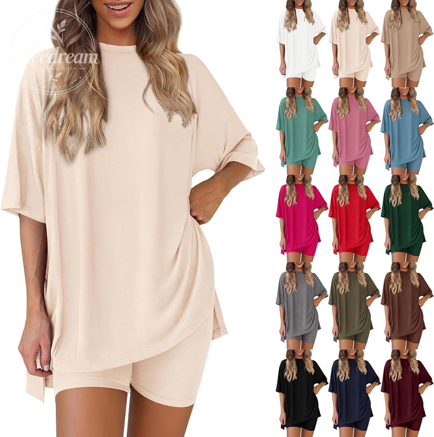 Women 2 Piece Outfits Crew Neck Oversized Tshirts and Biker Shorts with Pocket Matching Lounge Sets