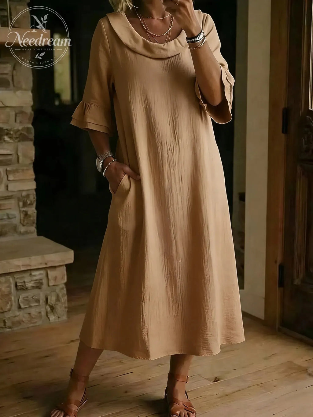Cotton Linen Neck Ruffle Casual Dress