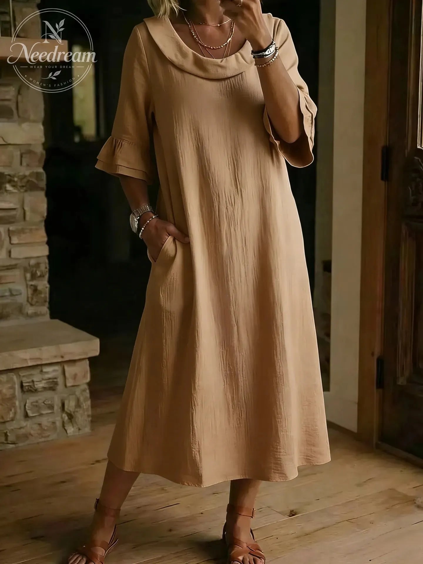 Cotton Linen Neck Ruffle Casual Dress