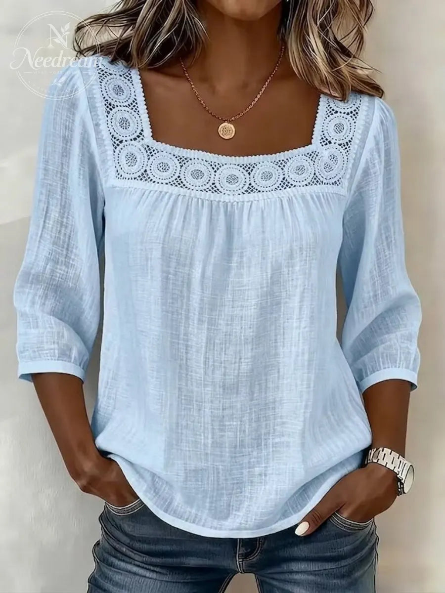Lace Patchwork Blouse With A Square Neckline