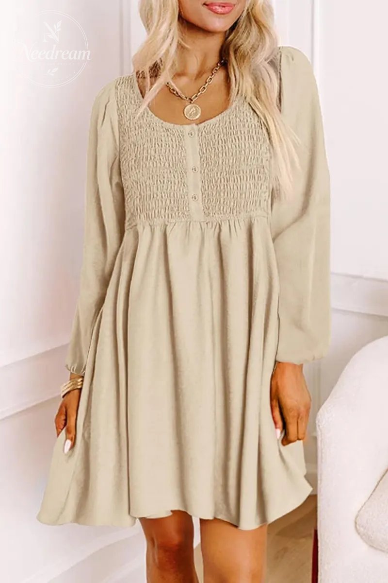 Smocked Crewneck Button Up Long Sleeve Empire Waist A-Line Mini Dress