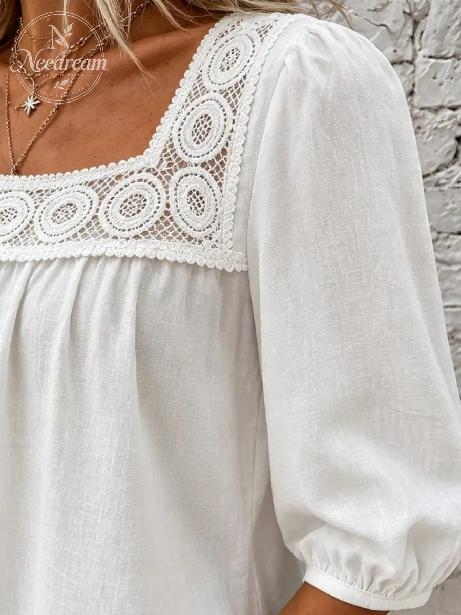 Lace Patchwork Blouse With A Square Neckline