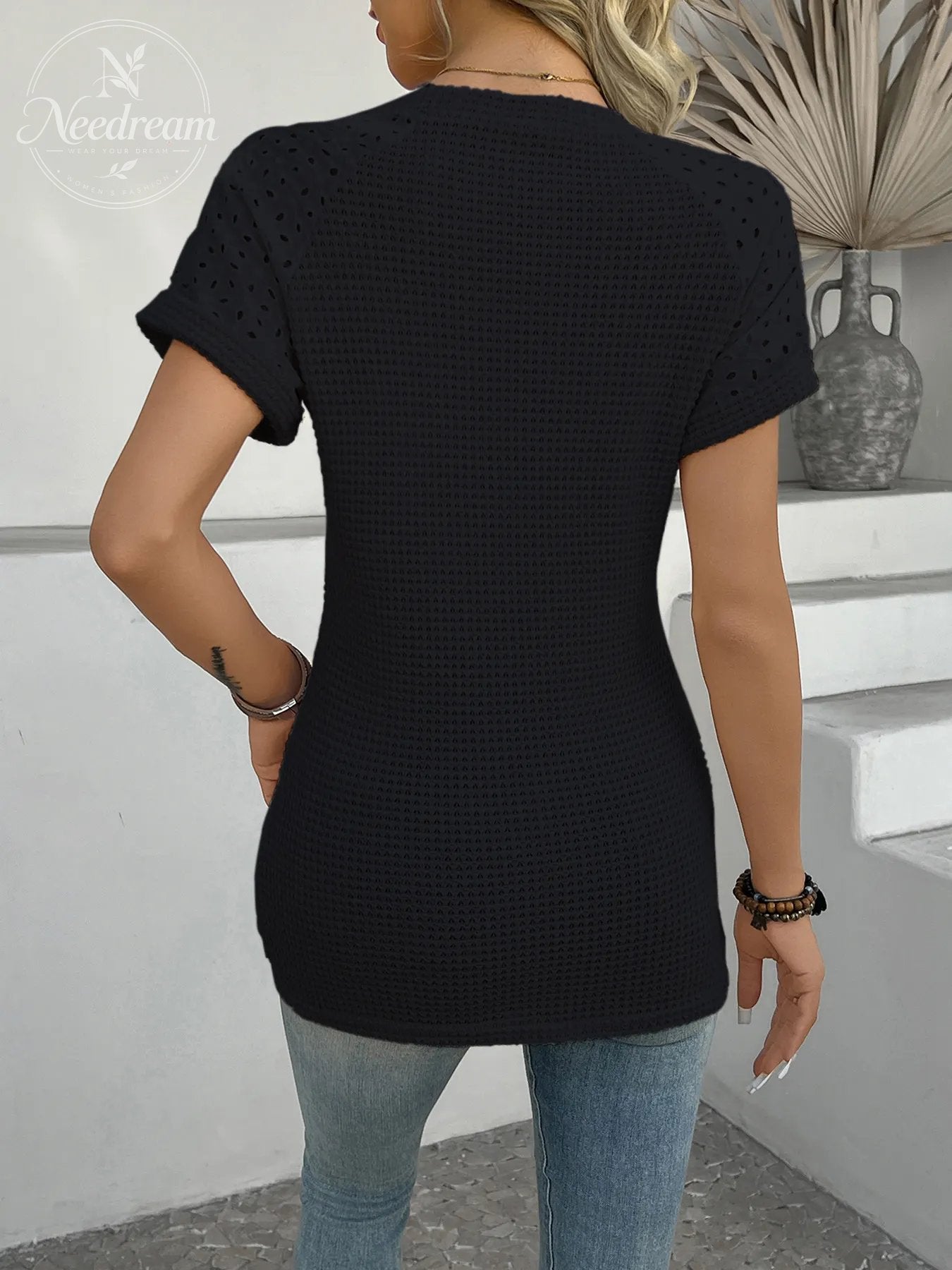 Hollow Out Waffle Knit Short Sleeve T- Shirt