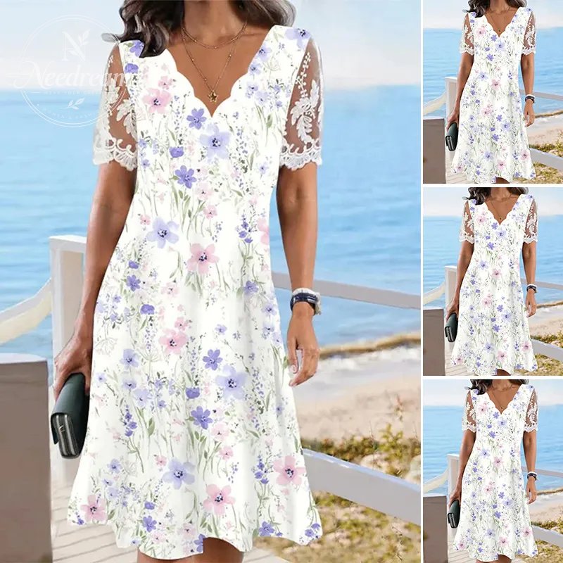 Wave-Neck Lace Short-Sleeved Floral Midi Dress