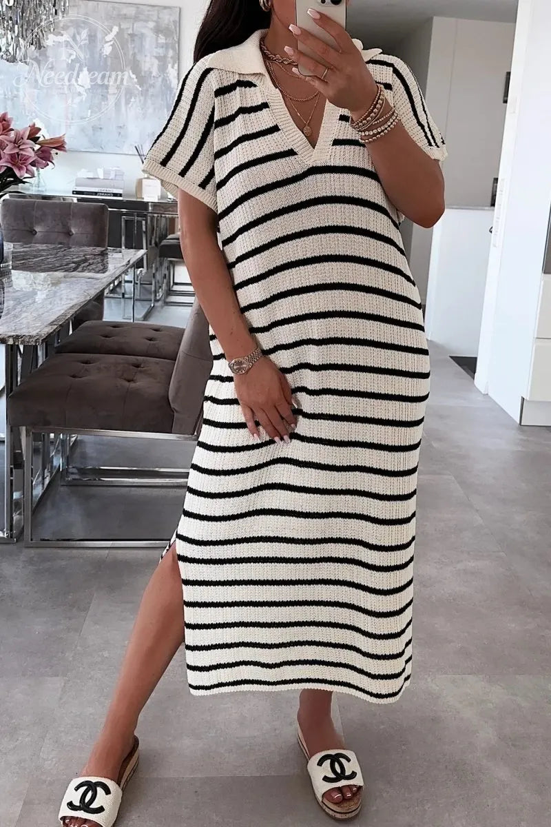 Womens Striped Summer Dresses Short Sleeve V Neck Knit Collared Sexy Slit Loose Maxi Sweater Dress