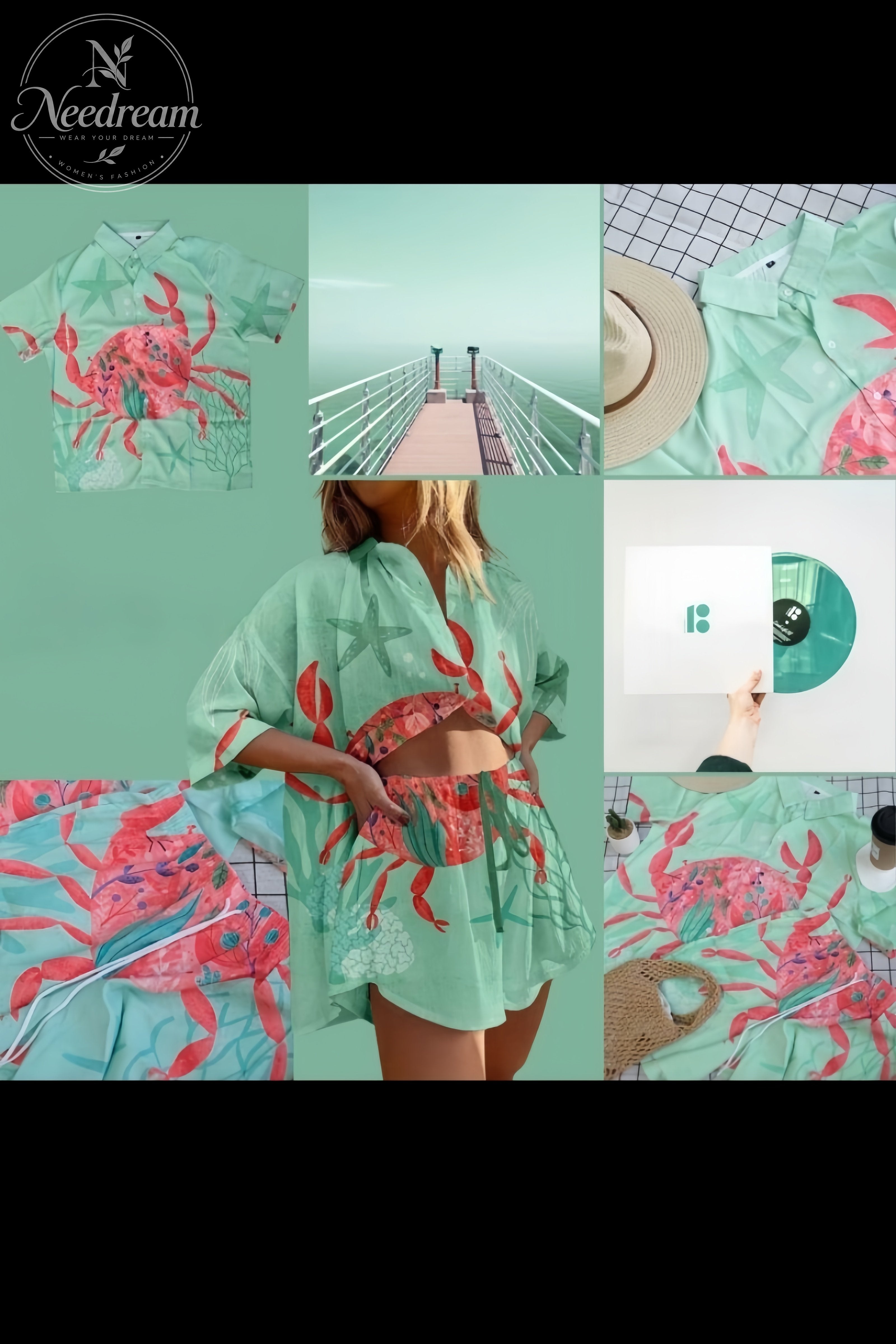 Undersea crab print casual two-piece set
