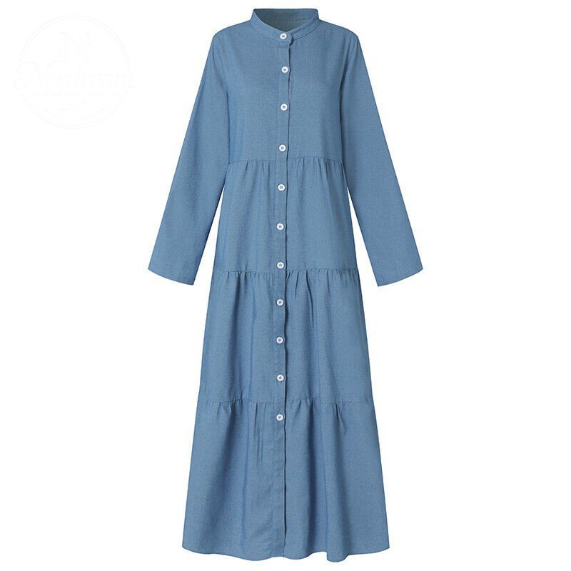 Women's Casual Long-Sleeved Single-Breasted Denim Maxi Dress