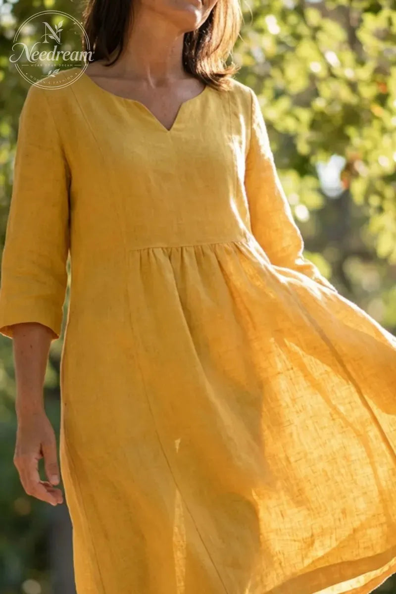 V-Neck Casual Dress, Three-Quarter Sleeves, With Pockets