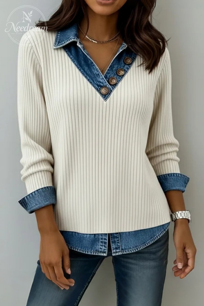 Women's Casual Patchwork Denim Shirt Collar Button Long Sleeve Knit Blouse