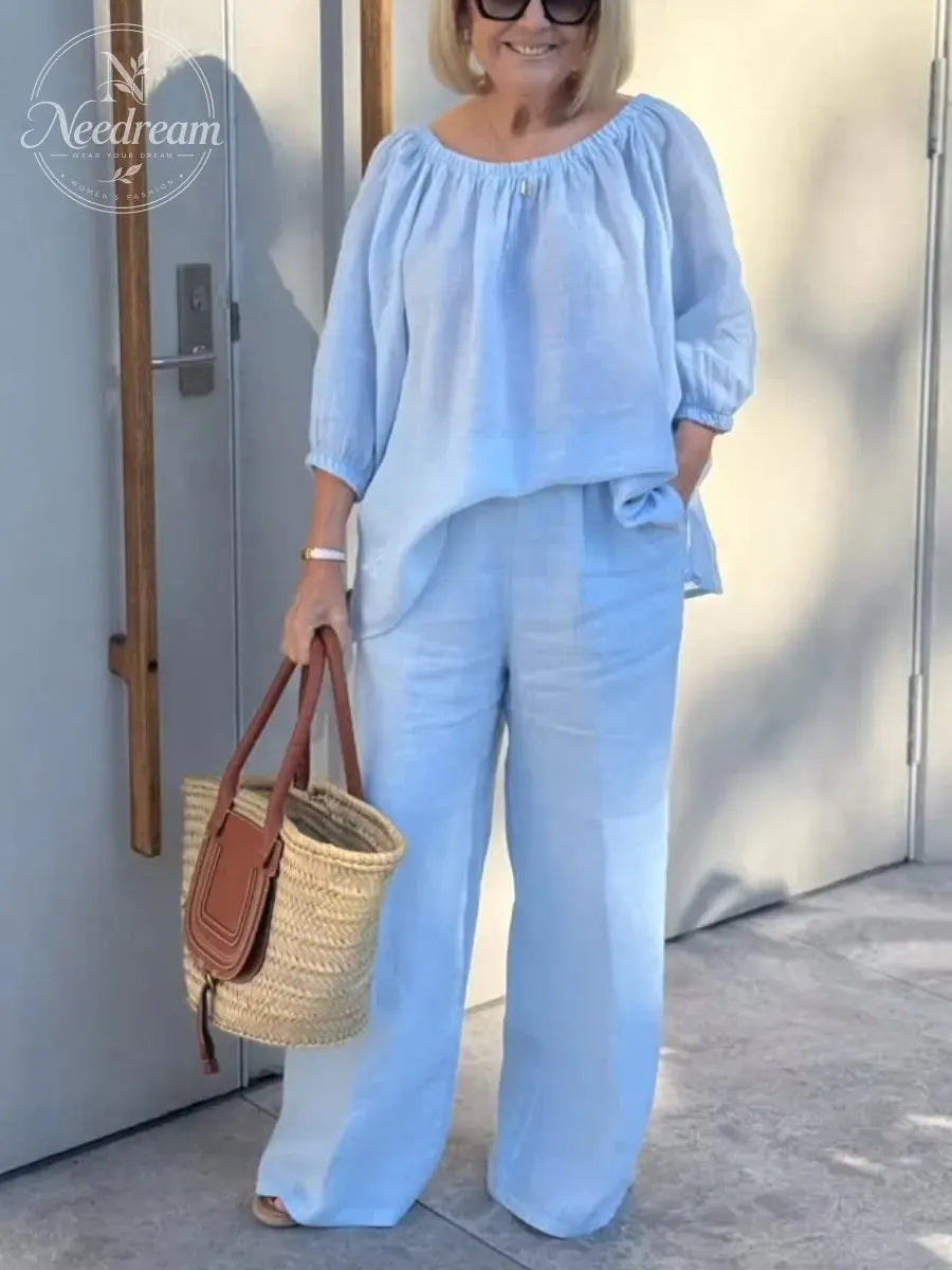 Women'S Linen Shirt And Trousers Two-Piece Set