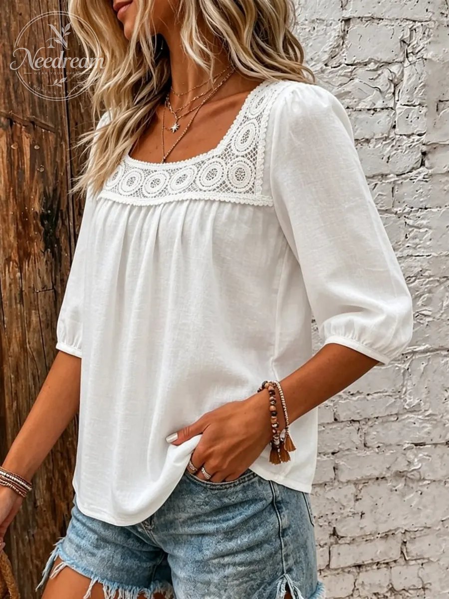 Lace Patchwork Blouse With A Square Neckline