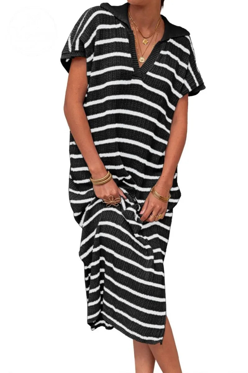 Womens Striped Summer Dresses Short Sleeve V Neck Knit Collared Sexy Slit Loose Maxi Sweater Dress
