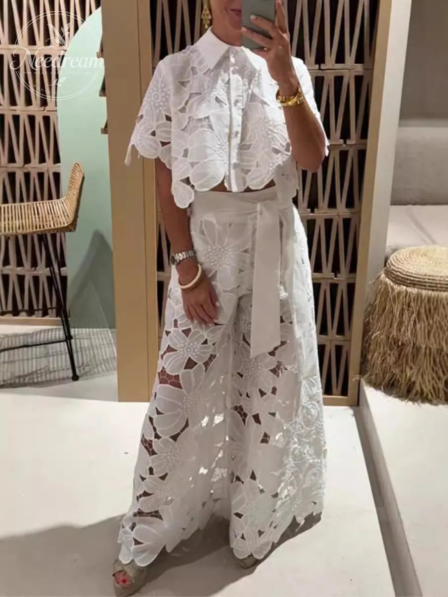Two-Piece Set: Openwork Lace Cardigan Top And Wide-Leg Pants