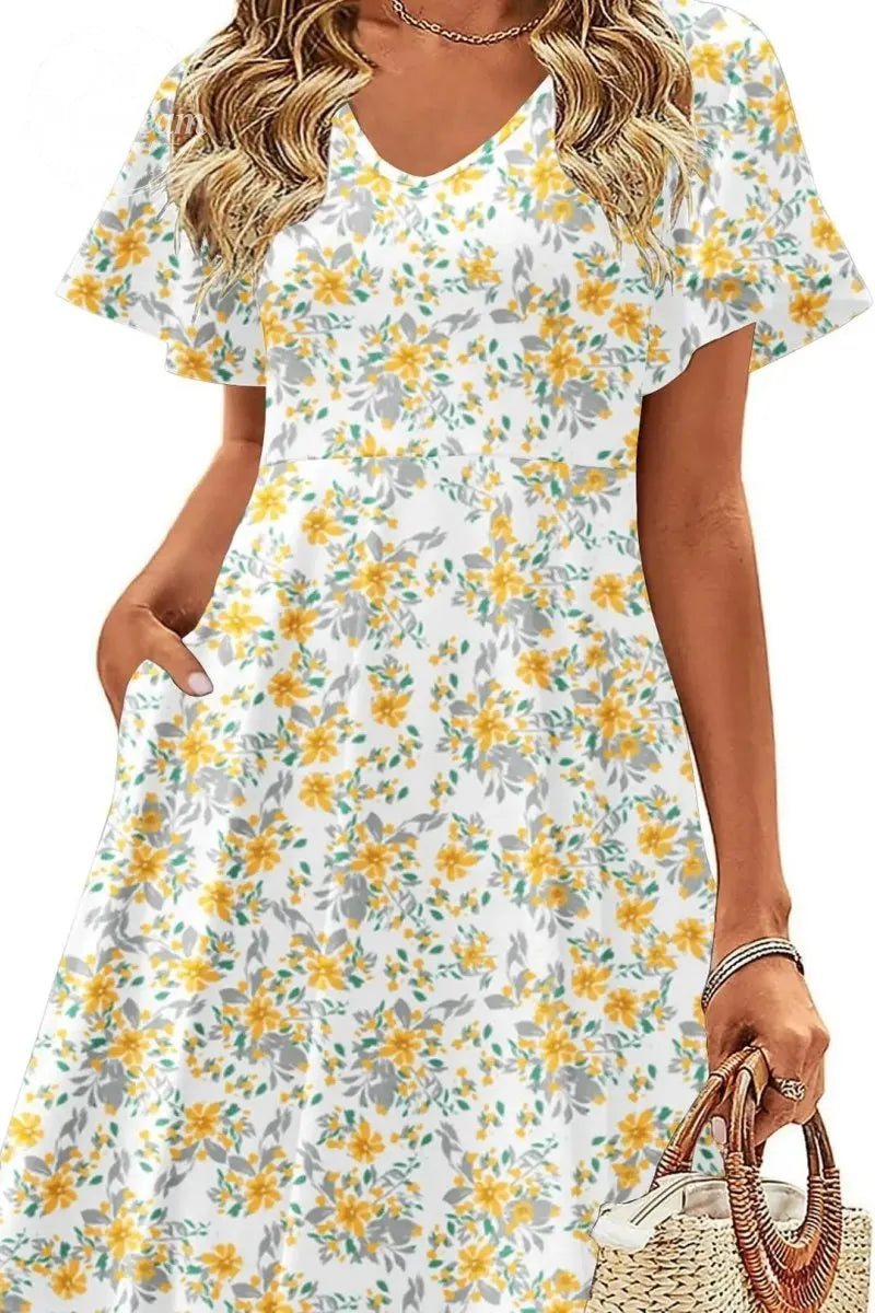 Womens Summer Dress Casual Swing Floral Ruffle Short Sleeve Sundresses Beach Mini A-Line Shift Dress