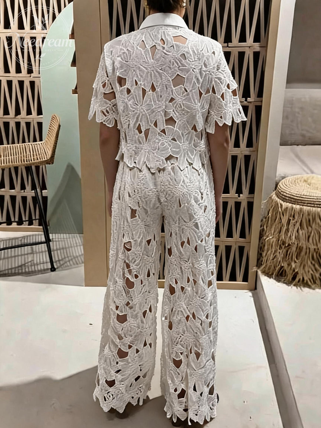 Two-Piece Set: Openwork Lace Cardigan Top And Wide-Leg Pants