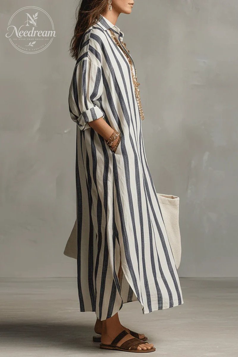 Casual Striped Shirt Bohemian Style Maxi Dress