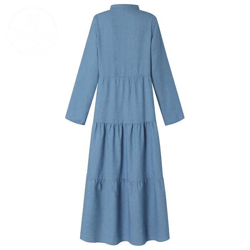 Women's Casual Long-Sleeved Single-Breasted Denim Maxi Dress