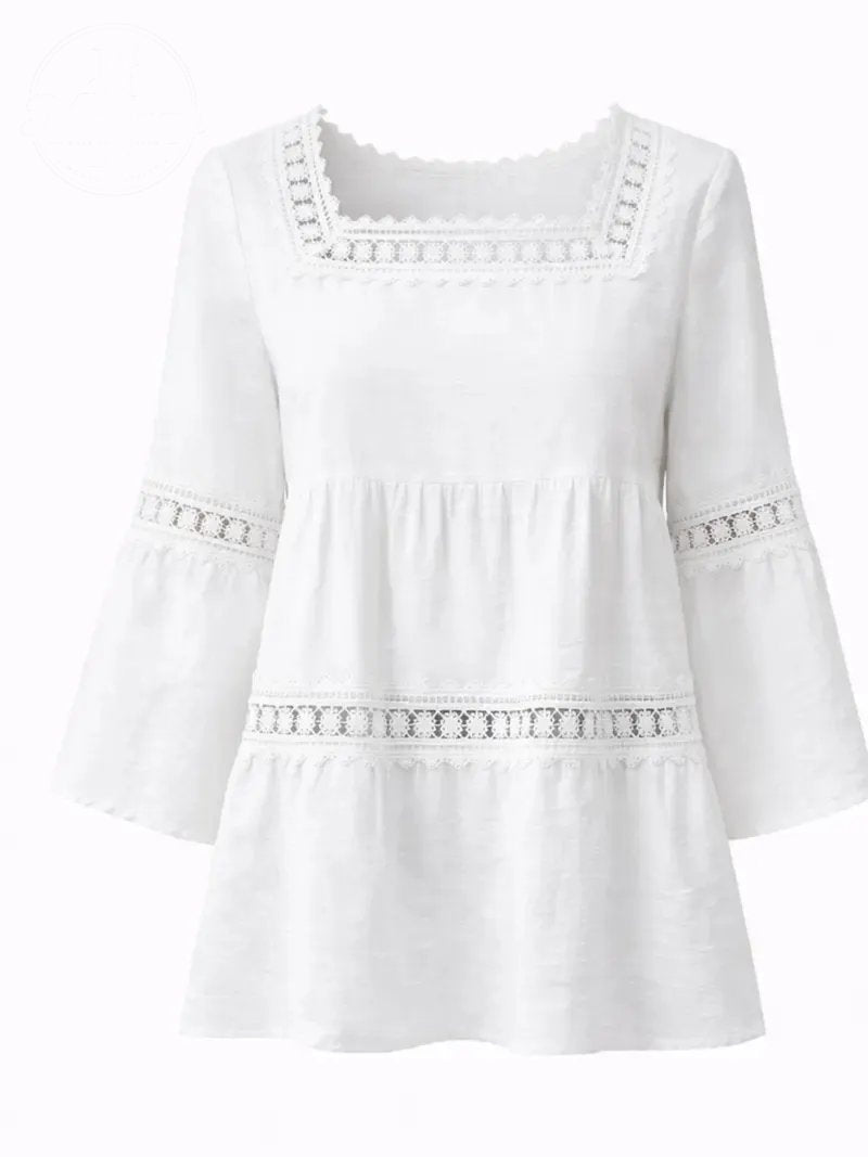 Women'S White Boho Blouse Crochet Lace Trim Bell Sleeve Tiered Flowy Top