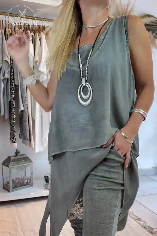 Women's Solid Color Sleeveless Casual Fake Two-piece Irregular Loose Top