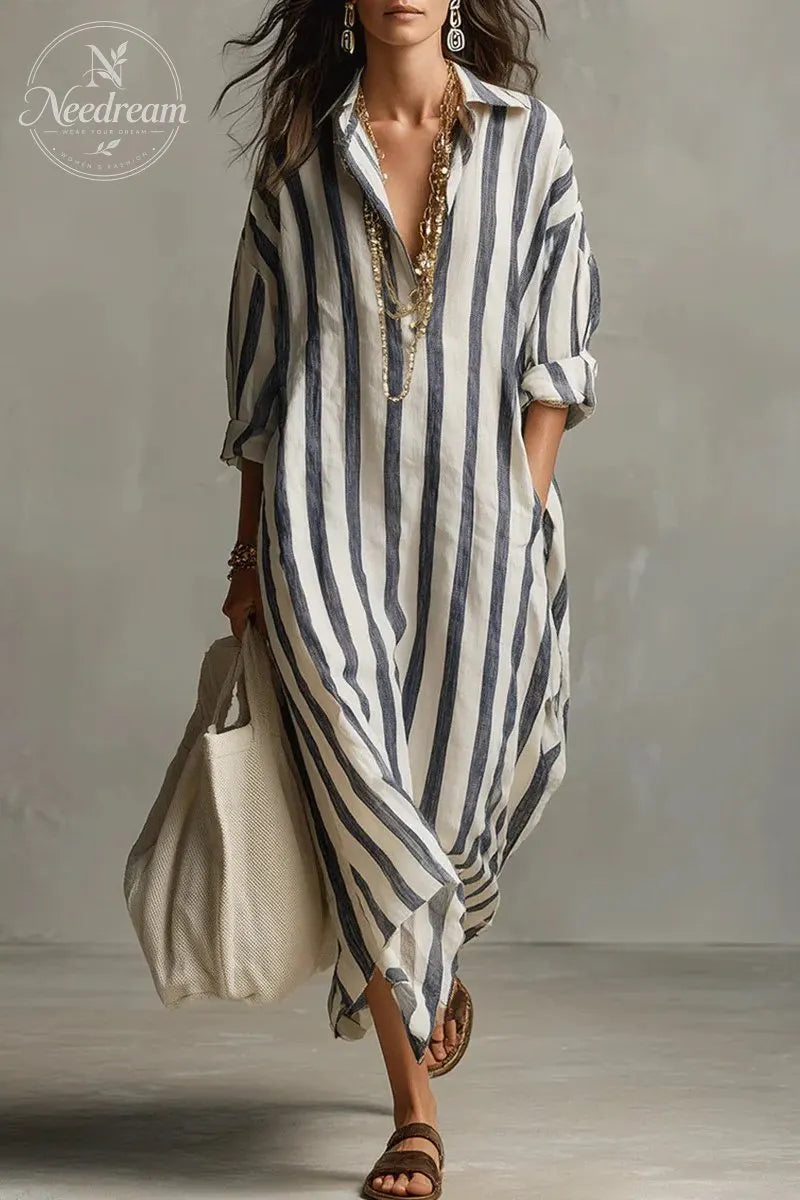 Casual Striped Shirt Bohemian Style Maxi Dress