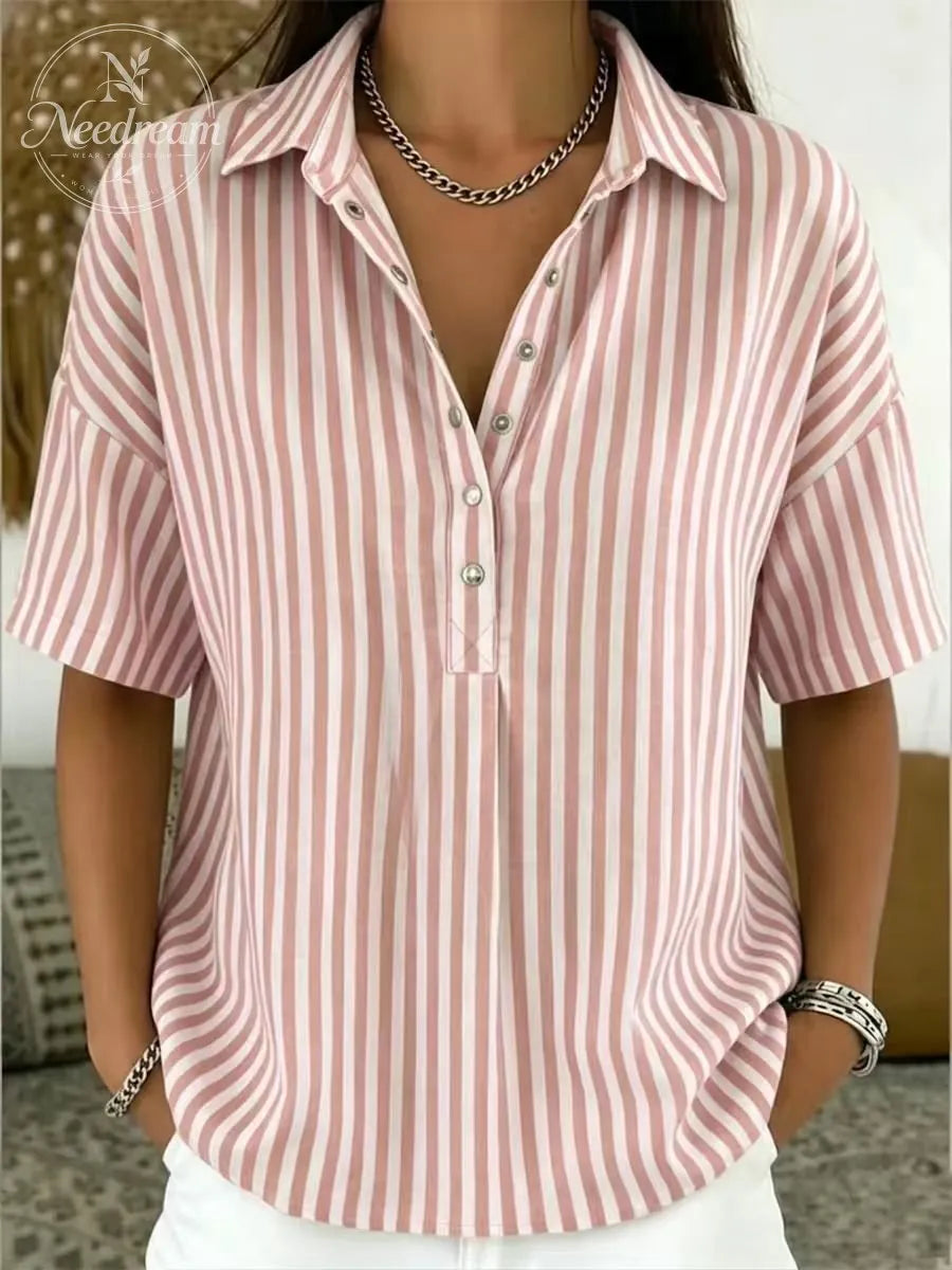 Women‘s Casual Striped Polo Collar Snap Buttons Cotton-linen Shirt