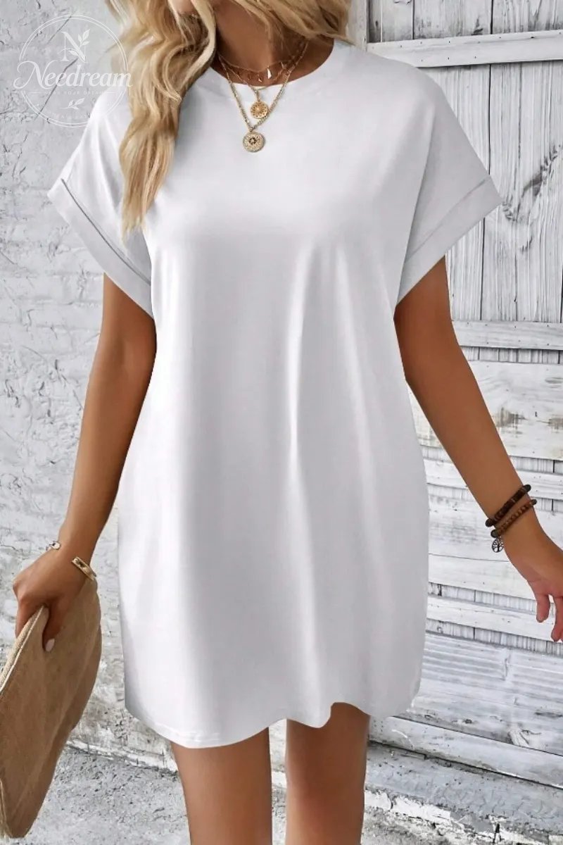 Casual Minimalist Round Neck Roll Up Sleeve Dress