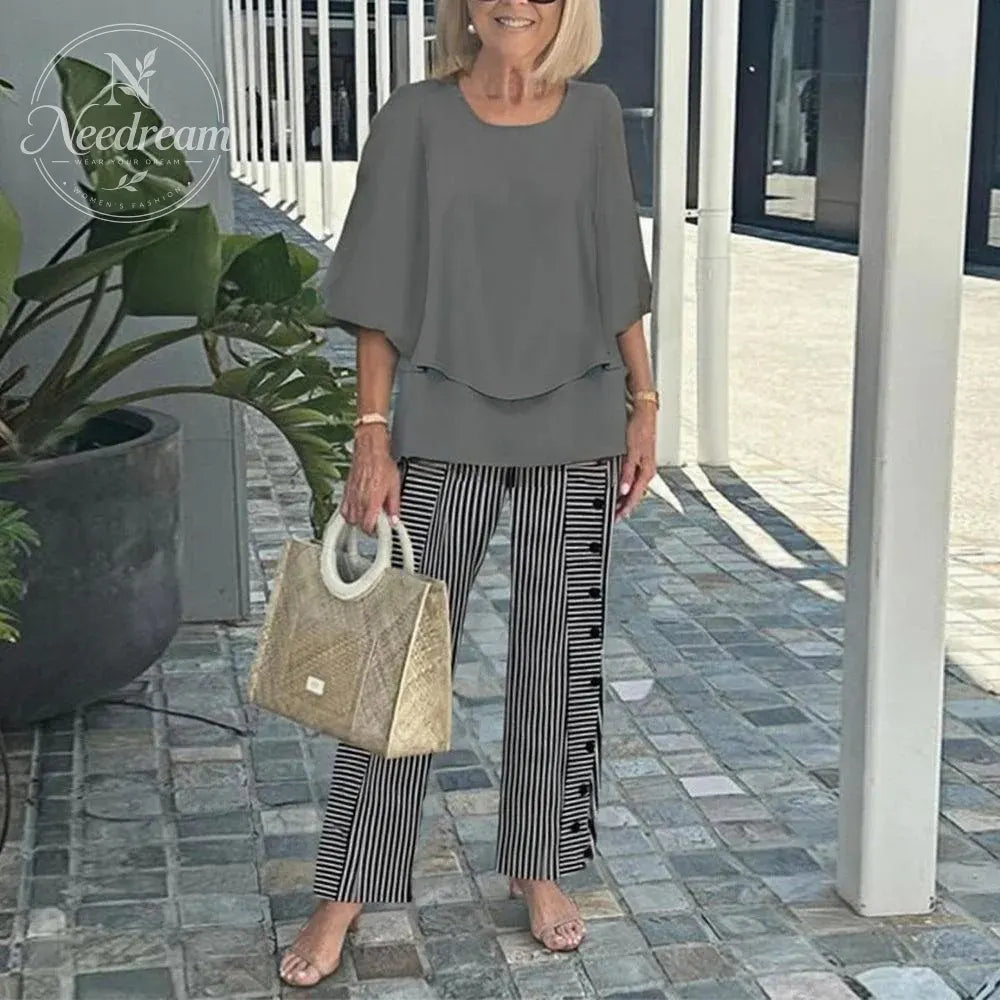 Women's Round Neck Mid-Sleeve Top With Floral Print Pants Set Two-Piece