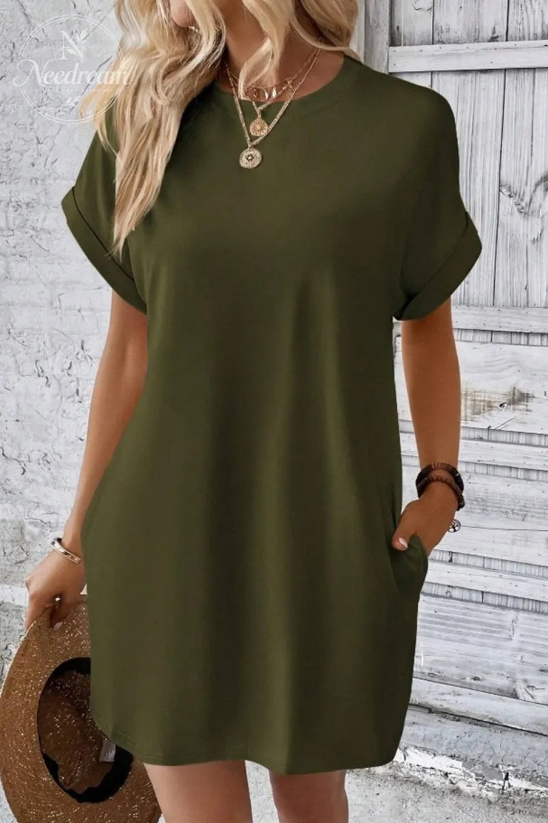 Casual Minimalist Round Neck Roll Up Sleeve Dress