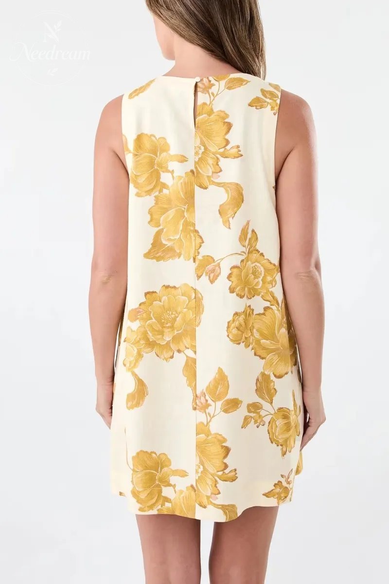 Sleeveless Linen BlendButton Detail Mini Dress