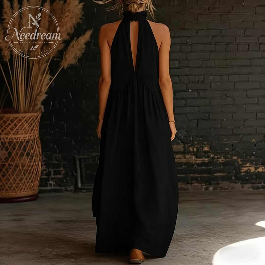 2026 Minimalist Halter Neck Maxi Dress | Casual Loose Fit Summer Dress with Pockets for Women